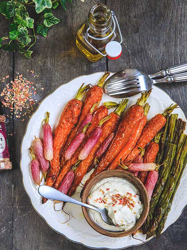 Légumes rôtis au four sauce crémeuse a l'échalote